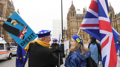 Varios manifestantes pro europeístas participan en una protesta junto al Parlamento británico en Londres (Reino Unido) hoy, 10 de enero de 2019. - El Parlamento británico anunció hoy que debatirá un total de siete peticiones ciudadanas respecto al "b Varios manifestantes pro europeístas participan en una protesta junto al Parlamento británico en Londres (Reino Unido) hoy, 10 de enero de 2019. - El Parlamento británico anunció hoy que debatirá un total de siete peticiones ciudadanas respecto al "b