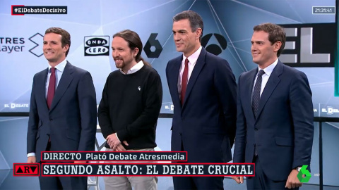 Pedro Sánchez, Pablo Casado, Albert Rivera y Pablo Iglesias, antes del debate en Atresmedia. Pedro Sánchez, Pablo Casado, Albert Rivera y Pablo Iglesias, antes del debate en Atresmedia.