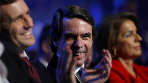 El presidente del PP, Pablo Casado, acompañado del expresidente del Gobierno y presidente de la Fundación FAES, José María Aznar, durante la segunda jornada de la Convención Nacional del Partido Popular que se celebra hasta mañana domingo en el Reci El presidente del PP, Pablo Casado, acompañado del expresidente del Gobierno y presidente de la Fundación FAES, José María Aznar, durante la segunda jornada de la Convención Nacional del Partido Popular que se celebra hasta mañana domingo en el Reci