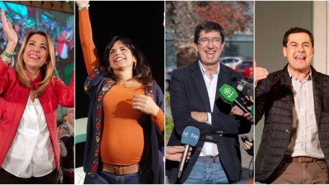 Los candidatos a la presidencia de Andalucía de los principales partidos: Susana Díaz (PSOE), Teresa Rodríguez (Adelante Andalucía), Juan Marín (Ciudadanos), y Juan Manuel Moreno Bonilla (PP). EFE Los candidatos a la presidencia de Andalucía de los principales partidos: Susana Díaz (PSOE), Teresa Rodríguez (Adelante Andalucía), Juan Marín (Ciudadanos), y Juan Manuel Moreno Bonilla (PP). EFE