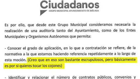 Extracto de la iniciativa registrada por el grupo municipal de Ciudadanos en el Ayuntamiento de Málaga. Extracto de la iniciativa registrada por el grupo municipal de Ciudadanos en el Ayuntamiento de Málaga.