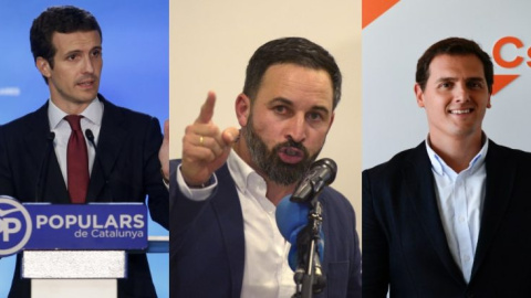 De izquierda a derecha: Pablo Casado (PP), Santiago Abascal (Vox) y Albert Rivera (Cs) De izquierda a derecha: Pablo Casado (PP), Santiago Abascal (Vox) y Albert Rivera (Cs)