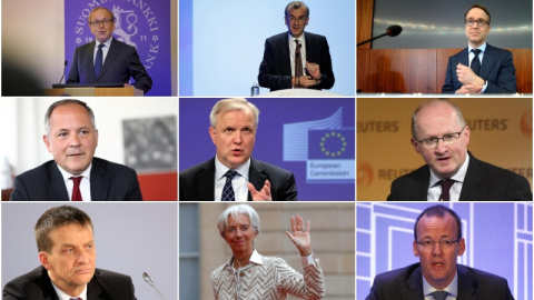 lista de aspirantes con grandes opciones de suceder a Draghi. De drch a izqd: Erkki Liikanen, Francois Villeroy de Galhau, Jens Weidmann, Benoit Coeure, Olli Rehn, Ardo Hansson, Philip Lane, Christine Lagarde y Klaas Knot. lista de aspirantes con grandes opciones de suceder a Draghi. De drch a izqd: Erkki Liikanen, Francois Villeroy de Galhau, Jens Weidmann, Benoit Coeure, Olli Rehn, Ardo Hansson, Philip Lane, Christine Lagarde y Klaas Knot.