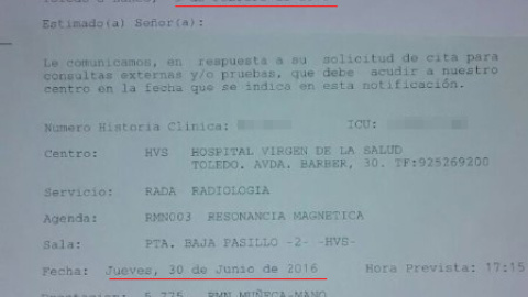 Cita emitida el 9 de febrero para el 16 de junio de 2016.