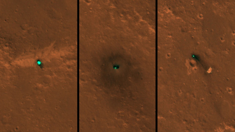La nave espacial InSight de la NASA, su escudo térmico y su paracaídas fotografiados el 6 y 11 de diciembre por la cámara HiRISE a bordo del Orbitador de Reconocimiento de Marte de la NASA | NASA/JPL-Caltech/Universidad de Arizona La nave espacial InSight de la NASA, su escudo térmico y su paracaídas fotografiados el 6 y 11 de diciembre por la cámara HiRISE a bordo del Orbitador de Reconocimiento de Marte de la NASA | NASA/JPL-Caltech/Universidad de Arizona