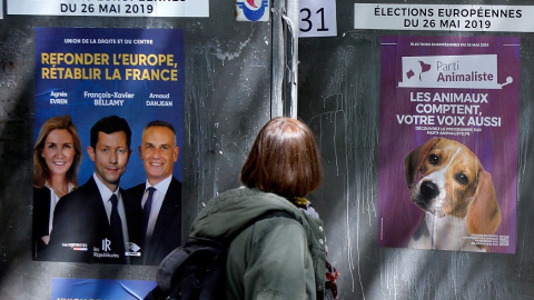 Una mujer mirando los carteles oficiales de las Elecciones Europeas en París. Reuters