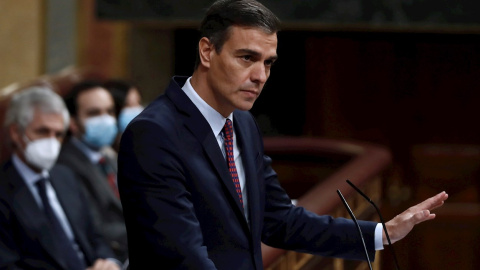 El presidente del Gobierno, Pedro Sánchez, interviene en la segunda sesión del debate de moción de censura presentada por Vox en el Congreso. EFE/Mariscal El presidente del Gobierno, Pedro Sánchez, interviene en la segunda sesión del debate de moción de censura presentada por Vox en el Congreso. EFE/Mariscal