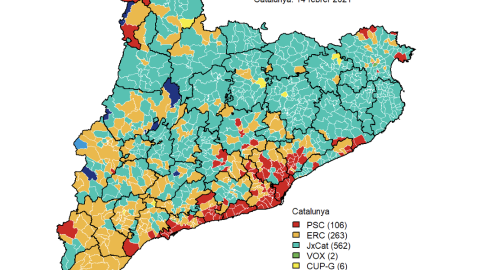 Mapa que representa la candidatura més votada a cada territori en les eleccions al Parlament de 2021. Mapa que representa la candidatura més votada a cada territori en les eleccions al Parlament de 2021.