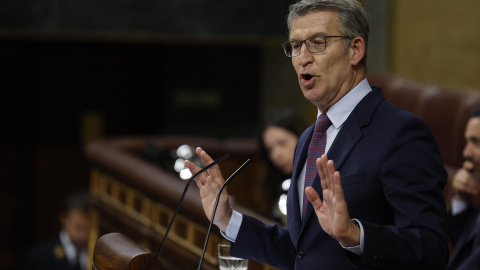 Alberto Núñez Feijóo durante su intervención en el pleno del Congreso, 22/5/2024. Alberto Núñez Feijóo durante su intervención en el pleno del Congreso, 22/5/2024.