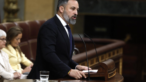 El líder de Vox, Santiago Abascal, durante su intervención ante el pleno del Congreso, a 22 de mayo de 2024. El líder de Vox, Santiago Abascal, durante su intervención ante el pleno del Congreso, a 22 de mayo de 2024.