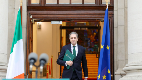 Simon Harris hace una declaración en Dublín, Irlanda, el 8 de noviembre de 2024. Simon Harris hace una declaración en Dublín, Irlanda, el 8 de noviembre de 2024.