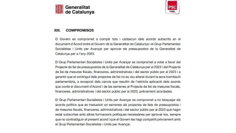 03/03/2023 - L'apartat de l'acord pressupostari entre ERC i PSC, que especifica que no presentarien esmenes que no estiguessin "previàment acordades".
