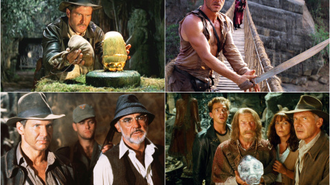 De izquierda a derecha, y de arriba a abajo, imágenes de 'Indiana Jones, en busca del arca perdida', 'Indiana Jones y el templo maldito', 'Indiana Jones y la última cruzada', e 'Indiana Jones y la calavera de cristal'. De izquierda a derecha, y de arriba a abajo, imágenes de 'Indiana Jones, en busca del arca perdida', 'Indiana Jones y el templo maldito', 'Indiana Jones y la última cruzada', e 'Indiana Jones y la calavera de cristal'.