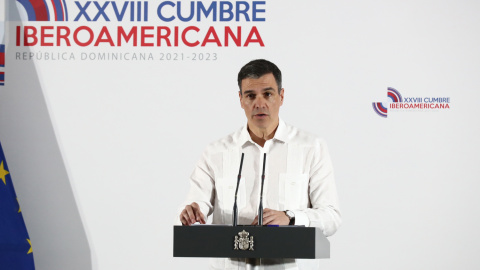 El presidente del Gobierno de España, Pedro Sánchez, en la rueda de prensa que ha ofrecido al término de la cumbre iberoamericana de Santo Domingo El presidente del Gobierno de España, Pedro Sánchez, en la rueda de prensa que ha ofrecido al término de la cumbre iberoamericana de Santo Domingo