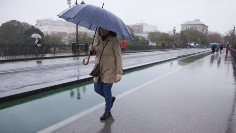 14/3/22-Una señora, con su paragüas, cruza el puente de Isabel II durante la lluvia caída en la capital andaluza, a 11 de marzo de 2022 en Sevilla (Andalucía, España) 14/3/22-Una señora, con su paragüas, cruza el puente de Isabel II durante la lluvia caída en la capital andaluza, a 11 de marzo de 2022 en Sevilla (Andalucía, España)