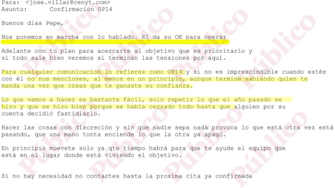 Mensaje del agente secreto alias “Aquiles” dando a Villarejo la luz verde del director del CNI, general Sanz Roldán, para “operar” y “acercarte al objetivo” que denomina “OP14” y es el traficante de armas El Assir, amigo del rey emérito. / Mensaje del agente secreto alias “Aquiles” dando a Villarejo la luz verde del director del CNI, general Sanz Roldán, para “operar” y “acercarte al objetivo” que denomina “OP14” y es el traficante de armas El Assir, amigo del rey emérito. /