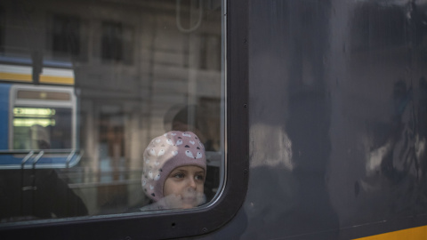 Un niño mira desde la ventana de un tren al llegar desde Przemysl, Polonia. Un niño mira desde la ventana de un tren al llegar desde Przemysl, Polonia.