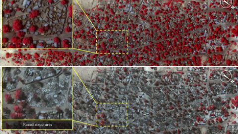 Arriba, Baga antes de los ataques. Las zonas rojas muestran la vegetación sana. Abajo, el estado de la localidad tras el paso de Boko Haram. - EFE Arriba, Baga antes de los ataques. Las zonas rojas muestran la vegetación sana. Abajo, el estado de la localidad tras el paso de Boko Haram. - EFE