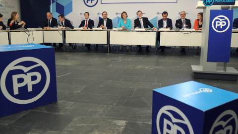 El líder del PP, Mariano Rajoy, durante la reunión del Comité Ejecutivo Nacional del partido, la primera tras perder el Gobierno en la moción de censura. EFE/ Ballesteros