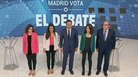 Isabel Díaz Ayuso, Rocío Monasterio, Ignacio Aguado, Isabel Serra y Ángel Gabilondo,en el debate de Telemadrid. Isabel Díaz Ayuso, Rocío Monasterio, Ignacio Aguado, Isabel Serra y Ángel Gabilondo,en el debate de Telemadrid.