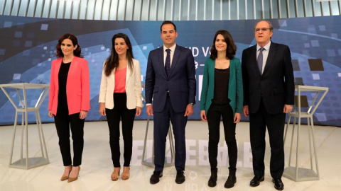 Los candidatos a la Presidencia de la Comunidad de Madrid Isabel Díaz Ayuso (PP). Rocío Monasterio (Vox), Ignacio Aguado (Ciudadanos), Isabel Serra (Podemos), y Ángel Gabilondo (PSOE). - EFE