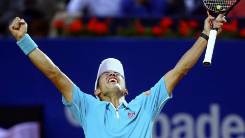 Nishikori celebra su victoria. EFE/Toni Albir Nishikori celebra su victoria. EFE/Toni Albir