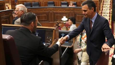 El presidente del Gobierno en funciones, Pedro Sánchez , saluda a Santiago Abascal. J.J. Guillén / EFE