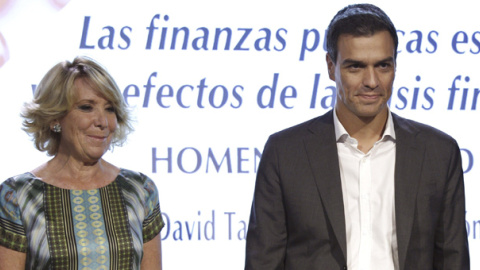 Esperanza Aguirre junto a Pedro Sánchez, en el homenaje al economista David Taguas, tras su fallecimiento, en septiembre de 2014. EFE Esperanza Aguirre junto a Pedro Sánchez, en el homenaje al economista David Taguas, tras su fallecimiento, en septiembre de 2014. EFE