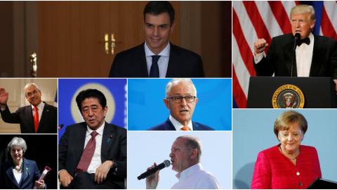 De izquierda a derecha y de arriba a abajo, Pedro Sánchez, presidente del Gobierno de España; Donald Trump, presidente de EEUU; Sebastián Piñera, presidente de Chile, Shinzo Abe, primer ministro de Japón: Malcolm Turnbull, primer ministro d De izquierda a derecha y de arriba a abajo, Pedro Sánchez, presidente del Gobierno de España; Donald Trump, presidente de EEUU; Sebastián Piñera, presidente de Chile, Shinzo Abe, primer ministro de Japón: Malcolm Turnbull, primer ministro d