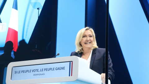 07/04/2022 - Marine Le Pen en un míting a Perpinyà abans de la primera vota de les eleccions presidencials franceses. 07/04/2022 - Marine Le Pen en un míting a Perpinyà abans de la primera vota de les eleccions presidencials franceses.