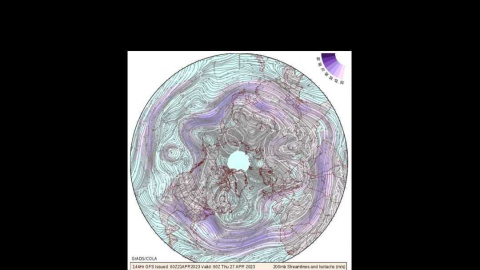 Circulación del chorro polar visto desde el polo, predicción para el 27 de Abril de 2023. Circulación del chorro polar visto desde el polo, predicción para el 27 de Abril de 2023.