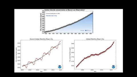 Arriba: evolución de la concentración atmosférica de dióxido de carbono. Abajo: evolución de la concentración atmosférica de metano. Arriba: evolución de la concentración atmosférica de dióxido de carbono. Abajo: evolución de la concentración atmosférica de metano.