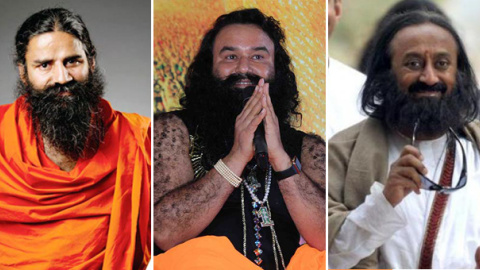 De izquierda a derecha, los gurús indios Baba Ramdev, Gurmeet Ram Rahim Singh y Sri Sri Ravi Shankar. AFP De izquierda a derecha, los gurús indios Baba Ramdev, Gurmeet Ram Rahim Singh y Sri Sri Ravi Shankar. AFP