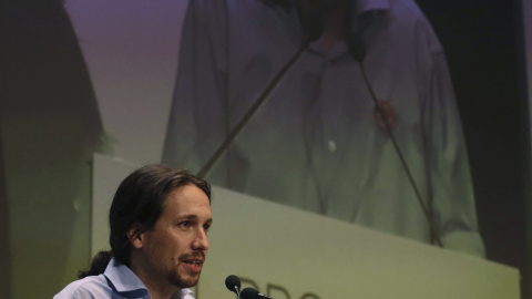 El secretario general de Podemos, Pablo Iglesias, durante su intervención en la presentación del programa  electoral para el 24-M, hoy en Madrid. EFE/Kiko Huesca