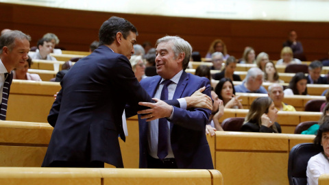 El presidente del Gobierno, Pedro Sánchez saluda al senador del PP José Manuel Barreiro, en el pleno del Senado, en Madrid. EFE/Juan Carlos Hidalgo El presidente del Gobierno, Pedro Sánchez saluda al senador del PP José Manuel Barreiro, en el pleno del Senado, en Madrid. EFE/Juan Carlos Hidalgo