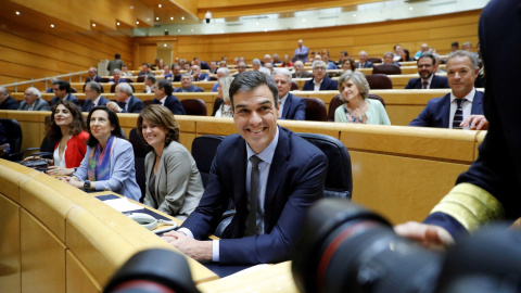 El presidente del Gobierno, Pedro Sánchez, antes de someterse a su primera sesión de control en el Pleno del Senado. EFE/Juan Carlos Hidalgo El presidente del Gobierno, Pedro Sánchez, antes de someterse a su primera sesión de control en el Pleno del Senado. EFE/Juan Carlos Hidalgo