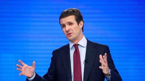 27/05/2019.- El presidente nacional del PP, Pablo Casado, durante la rueda de prensa posterior a la reunión del Comité Ejecutivo Nacional celebrada este lunes en la sede del partido, en Madrid. EFE/Emilio Naranjo