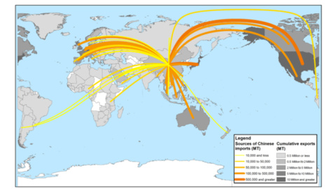 Mapa de las exportaciones de residuos de plástico a China desde terceros países. SCIENCE ADVANCES Mapa de las exportaciones de residuos de plástico a China desde terceros países. SCIENCE ADVANCES