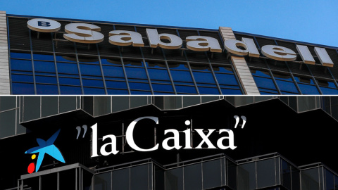 Los logos del Banco Sabadel y de Caixabank en sus sedes en Barcelona. REUTERS Los logos del Banco Sabadel y de Caixabank en sus sedes en Barcelona. REUTERS