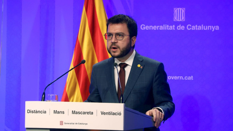 El Presidente en funciones de la Generalitat, Pera Aragonés, durante la declaración institucional de aplazamiento de las elecciones El Presidente en funciones de la Generalitat, Pera Aragonés, durante la declaración institucional de aplazamiento de las elecciones