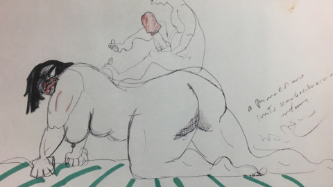 Autorretrato de Fellini sobre la grupa de una mujer