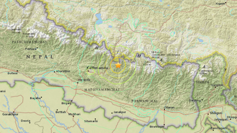 Mapa del epicentro del terremoto de 7,3 en Nepal. USGS