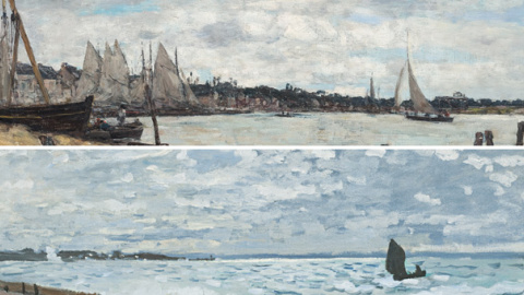 Arriba: 'Vista de la ensenada de Trouville' (1865), de Eugène Boudin.- MUSEU NACIONAL DE BELAS ARTES | Abajo: 'El mar en El Havre' (1868), por Claude Monet.- CARNEGIE MUSEUM OF ARTE, PITTSBURGH