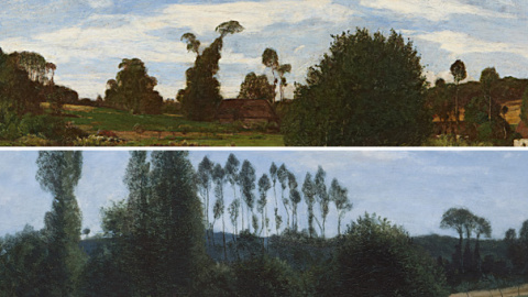 Arriba: 'Paisaje normando' (1857-58), por Eugène Boudin.- MARUNUMA ART PARK, ASAKA | Abajo: 'Vista de los alrededores de Rouelles' (1858), por Claude Monet.- MARUNUMA ART PARK, ASAKA