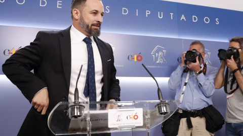 03/06/2019.- El líder de Vox, Santiago Abascal, en una rueda de prensa en el Congreso. EFE/Chema Moya 03/06/2019.- El líder de Vox, Santiago Abascal, en una rueda de prensa en el Congreso. EFE/Chema Moya