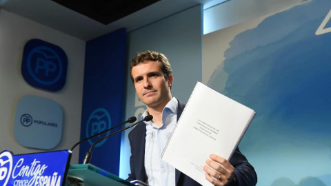Pablo Casado durante la rueda de prensa en la que ofreció explicaciones sobre su máster. | EFE Pablo Casado durante la rueda de prensa en la que ofreció explicaciones sobre su máster. | EFE