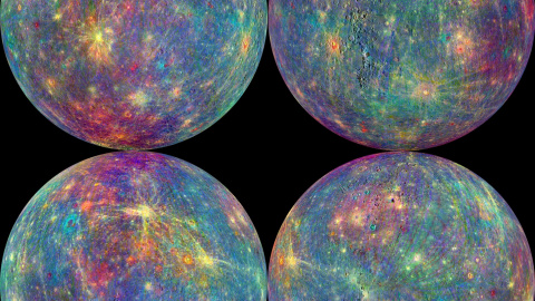 Vista de la composición de la atmósfera de Mercurio desde el vehículo espacial MESSENGER de la NASA, diseñado para estudiar la exosfera y la superficie del planeta. NASA/Johns Hopkins University Applied Physics Laboratory/Carnegie Instituti