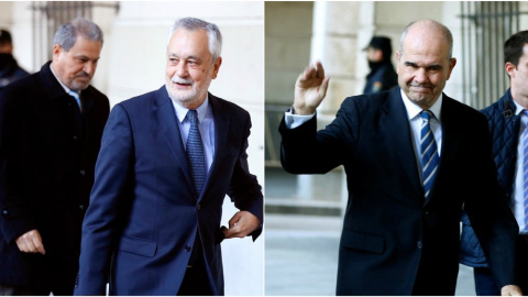Los expresidentes de la Junta de Andalucía José Antonio Griñán y Manuel Chaves, a su llegada a la Audiencia de Sevilla, donde se inicia el juicio de la pieza política del caso de los ERE. EFE