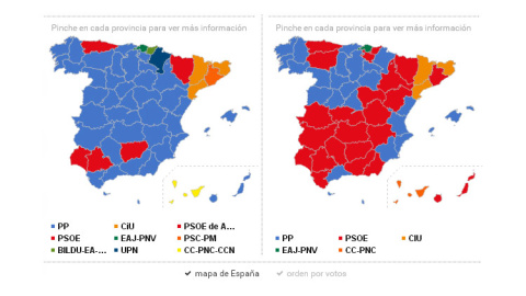 Mapa provincial de España con resultados electorales.