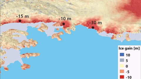 Mapa de la pérdida de hielo en el sur de la Antártida. En algunos puntos se perdieron hasta 30 metros. ESA Mapa de la pérdida de hielo en el sur de la Antártida. En algunos puntos se perdieron hasta 30 metros. ESA